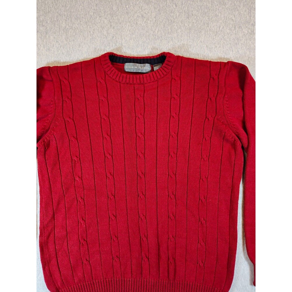 Oscar de la Renta Men's L Red Cotton Cable Knit Crewneck Pullover Sweater